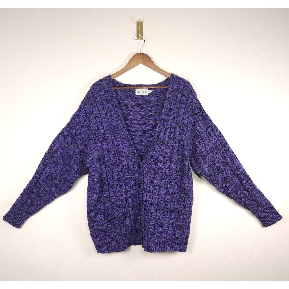 Vintage Venezia Sportswear Purple Chunky Knit Cardigan 18/20 1X Front Sweater